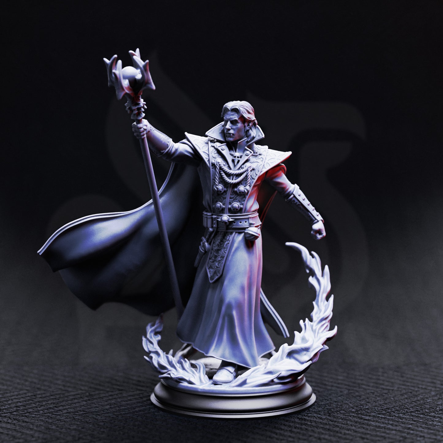 Renard the Black Hearted Vampire Haemomancer resin miniature, gothic vampire sorcerer wielding staff with blood magic flame – TTRPG villain