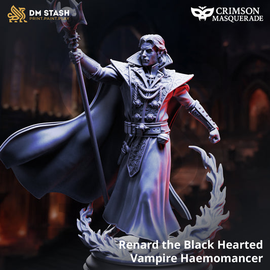 Renard the Black Hearted Vampire Haemomancer resin miniature, gothic vampire sorcerer wielding staff with blood magic flame – TTRPG villain