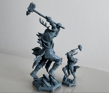Both scales shown in comparison side profiles of Royal Crusher resin miniature in heavy plate armor with stag horn crest and warhammer.