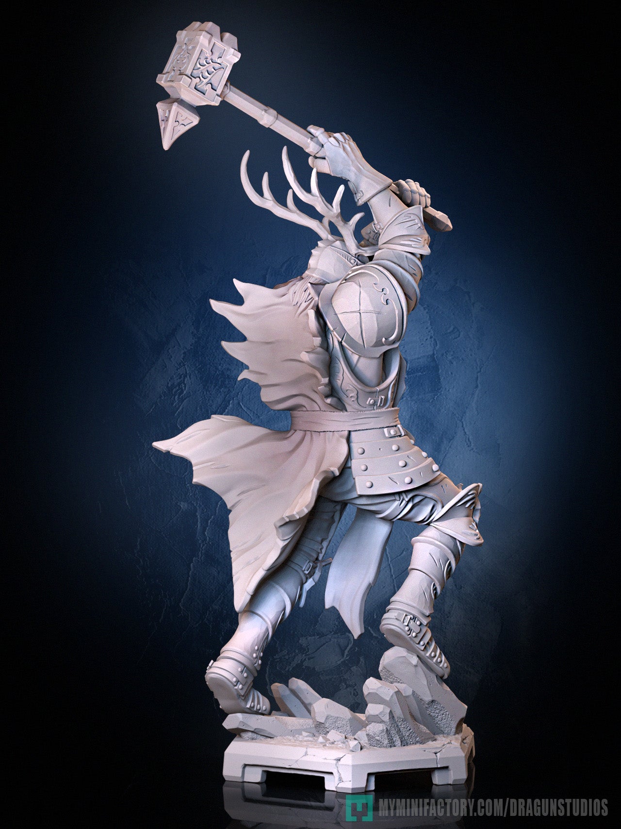 Rear view of Royal Crusher miniature showing flowing tabard and intricate plate armor detail.