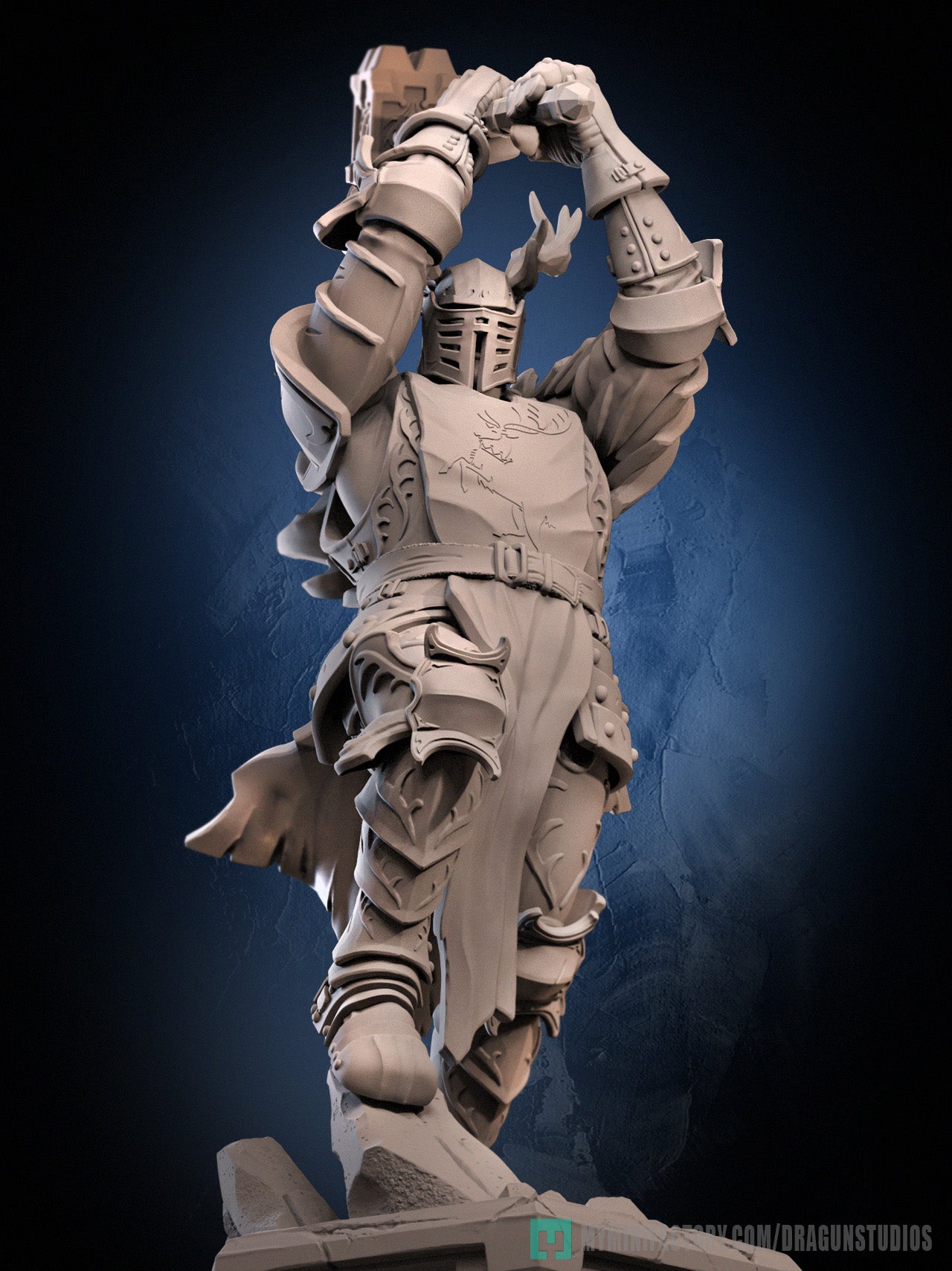Low angle front view of Royal Crusher Fighter miniature highlighting the detailed visor and overhead hammer pose.