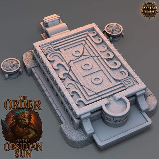 Sacrificial Altar resin terrain piece from The Order of the Obsidian Sun, detailed stone altar with ritual carvings for TTRPG and fantasy settings.