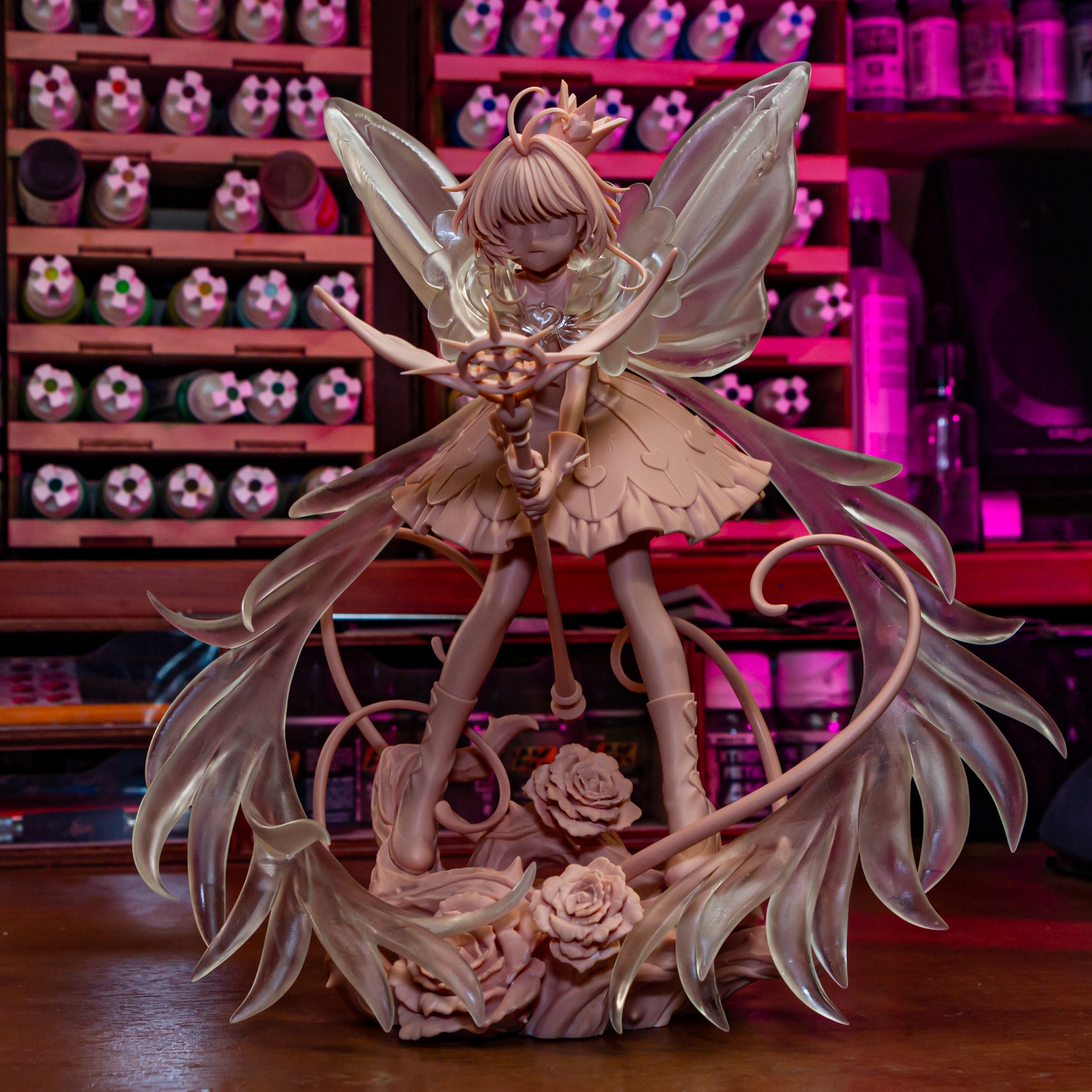 Cardcaptor Sakura 1:8 scale resin fan art statue with wings and magical staff on rose base, test print