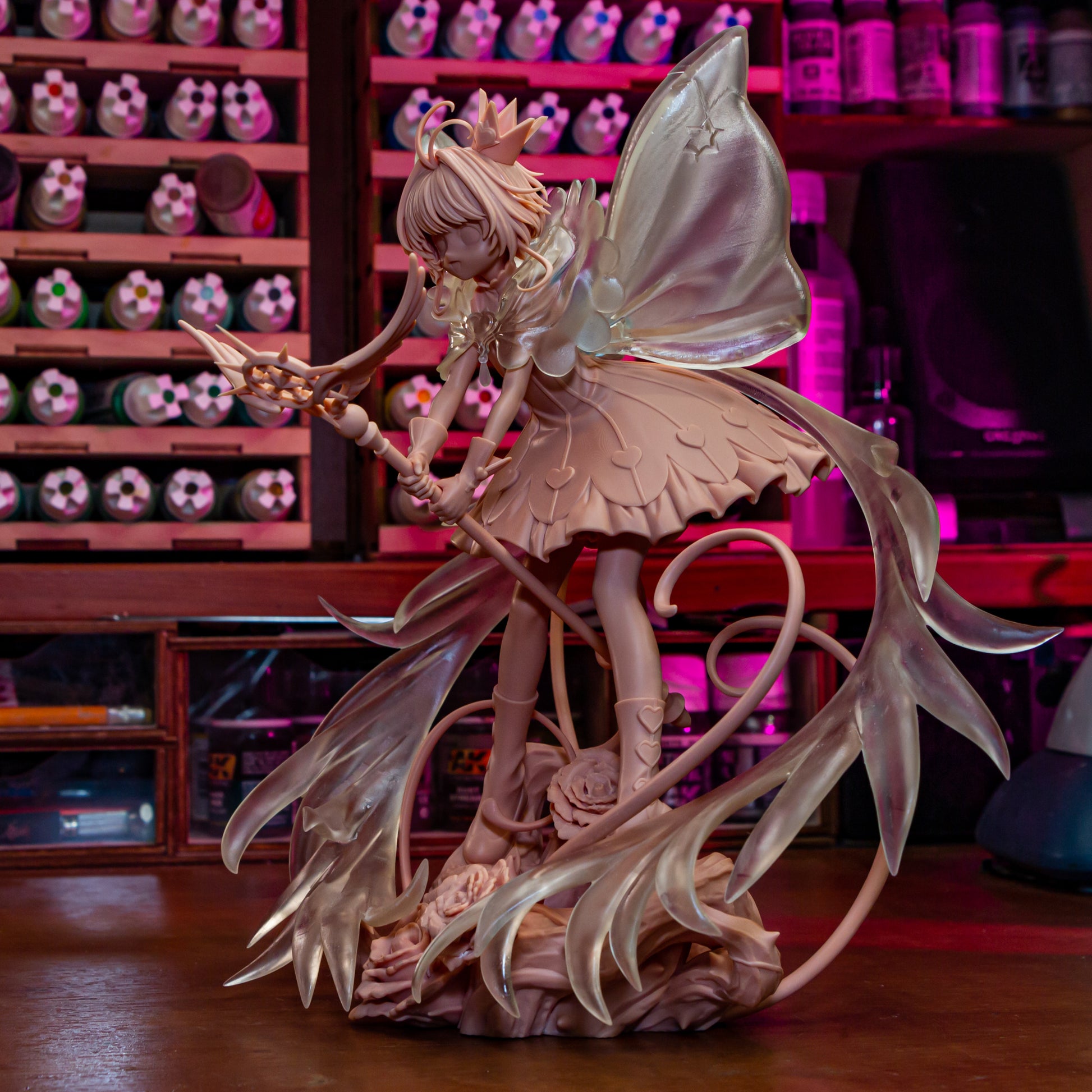 Cardcaptor Sakura 1:8 scale resin fan art statue with wings and magical staff on rose base, test print