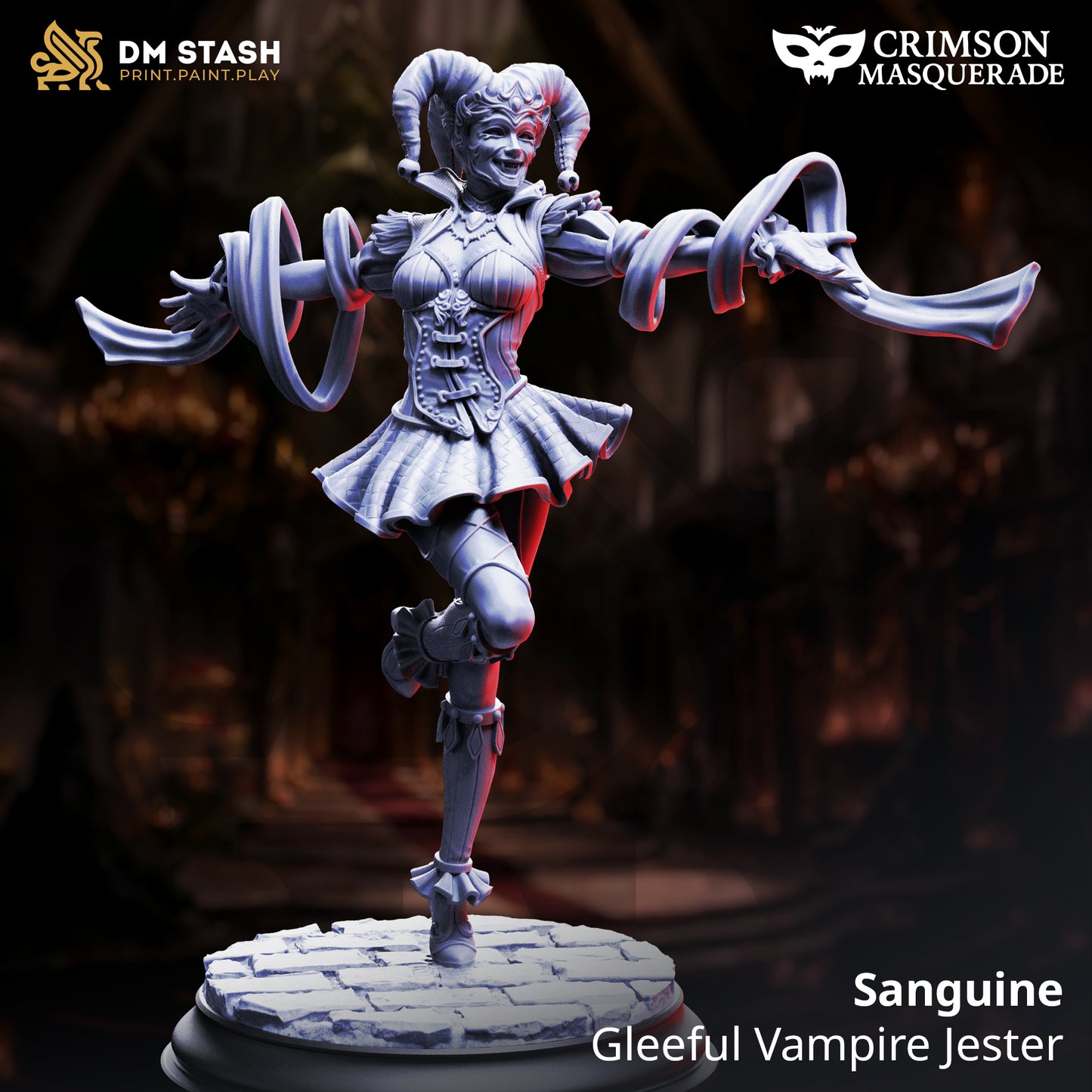 Sanguine vampire jester resin miniature – 3D printed for tabletop RPGs and collectors