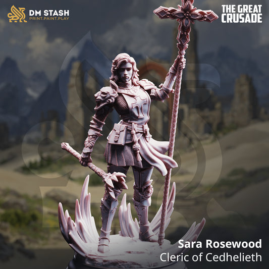 Sara Rosewood cleric of Cedhelieth human resin miniature 32mm scale staff and armor base included