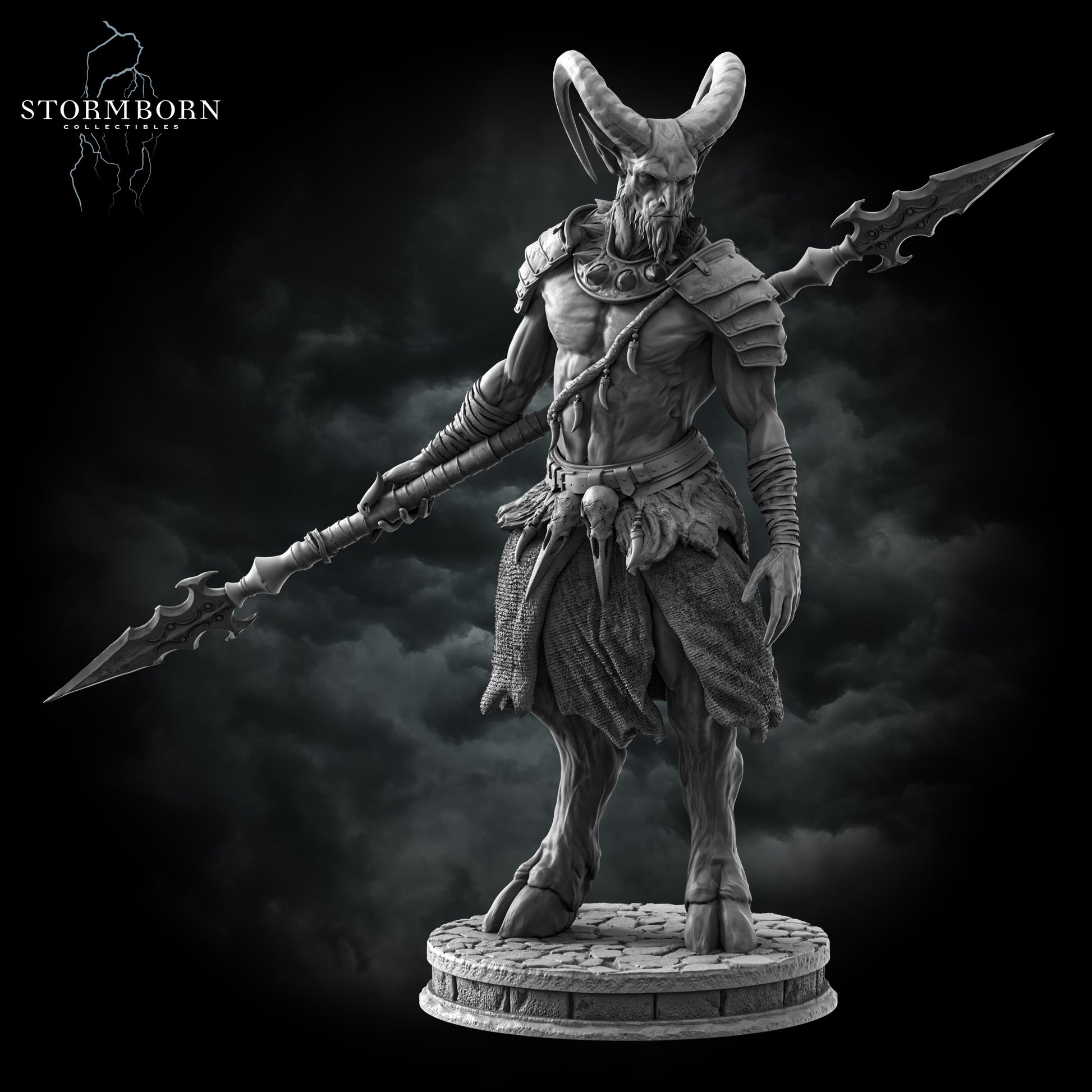 A three-quarter view from the front-right of the Satyr miniature, emphasizing the muscle definition and the detailed texture of the leather armor.