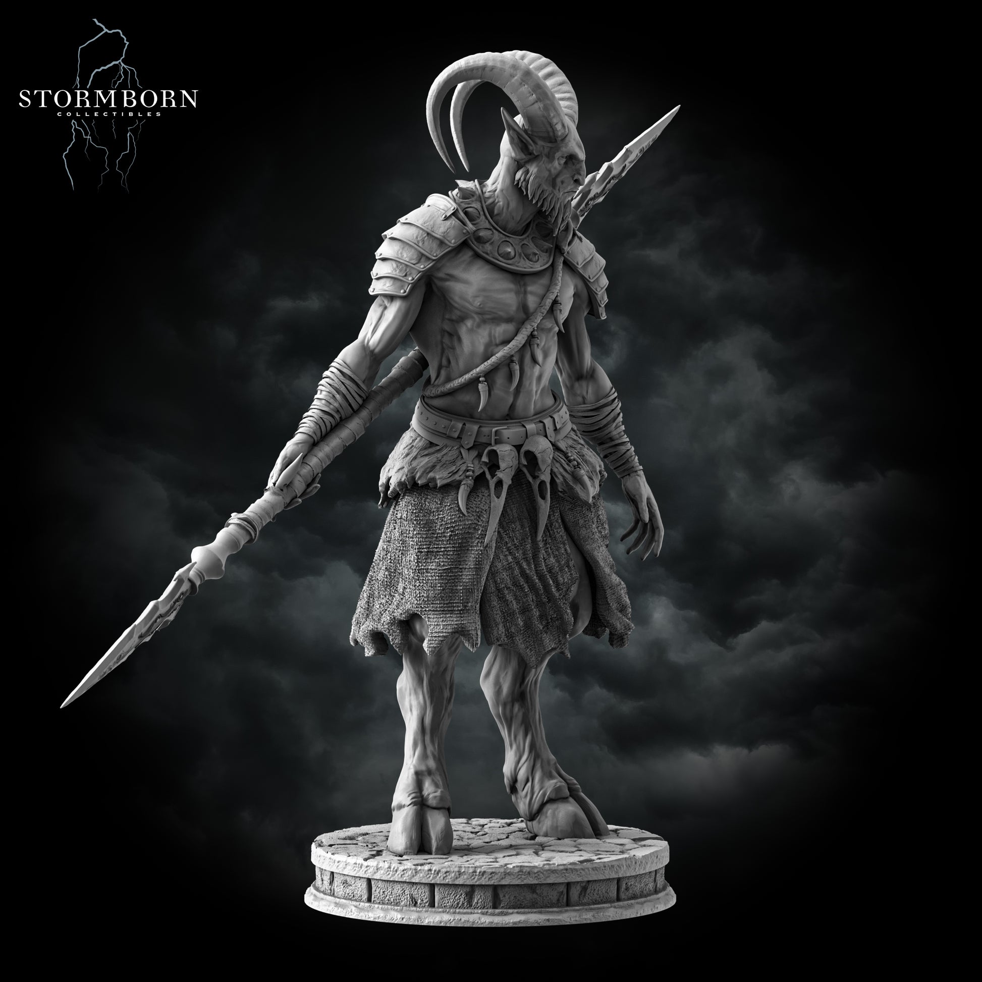 A profile shot highlighting the curvature of the Satyr's large, horned head and the bone-trophy accents on the fur-lined kilt.