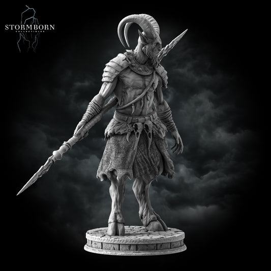 A profile shot highlighting the curvature of the Satyr's large, horned head and the bone-trophy accents on the fur-lined kilt.