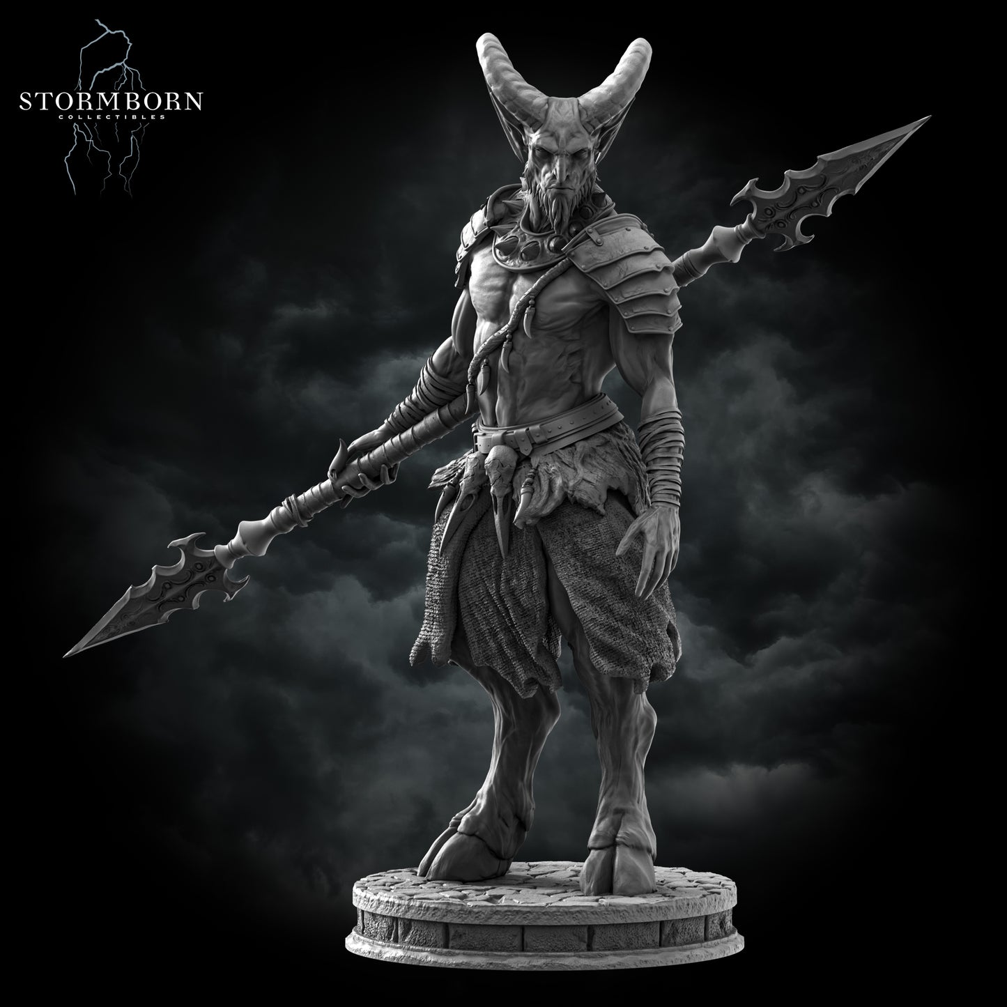 A straight-on view of the Satyr warrior miniature by Stormborn Collectibles, showing the double-headed spear and ornate shoulder armor on a cobblestone base.