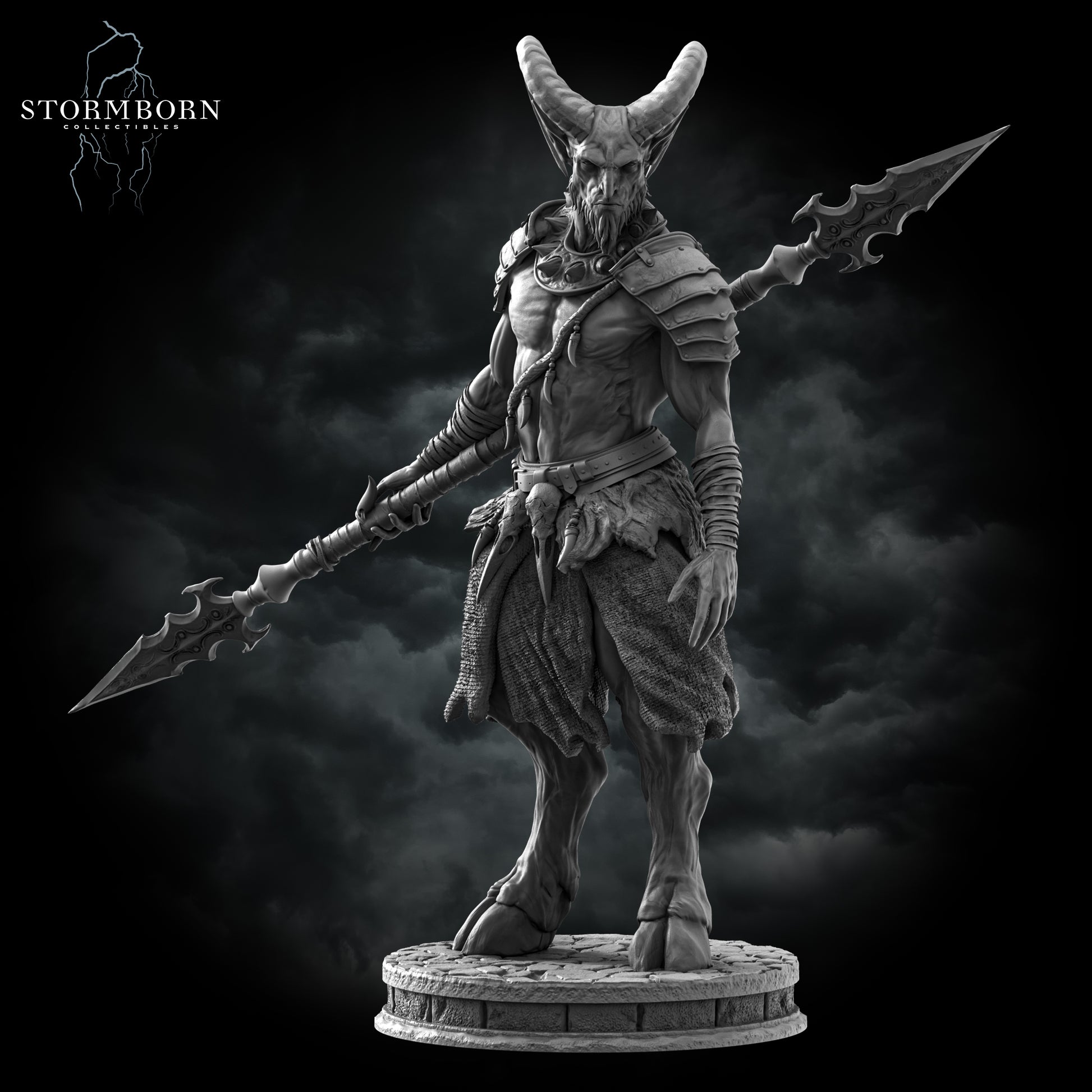 A straight-on view of the Satyr warrior miniature by Stormborn Collectibles, showing the double-headed spear and ornate shoulder armor on a cobblestone base.