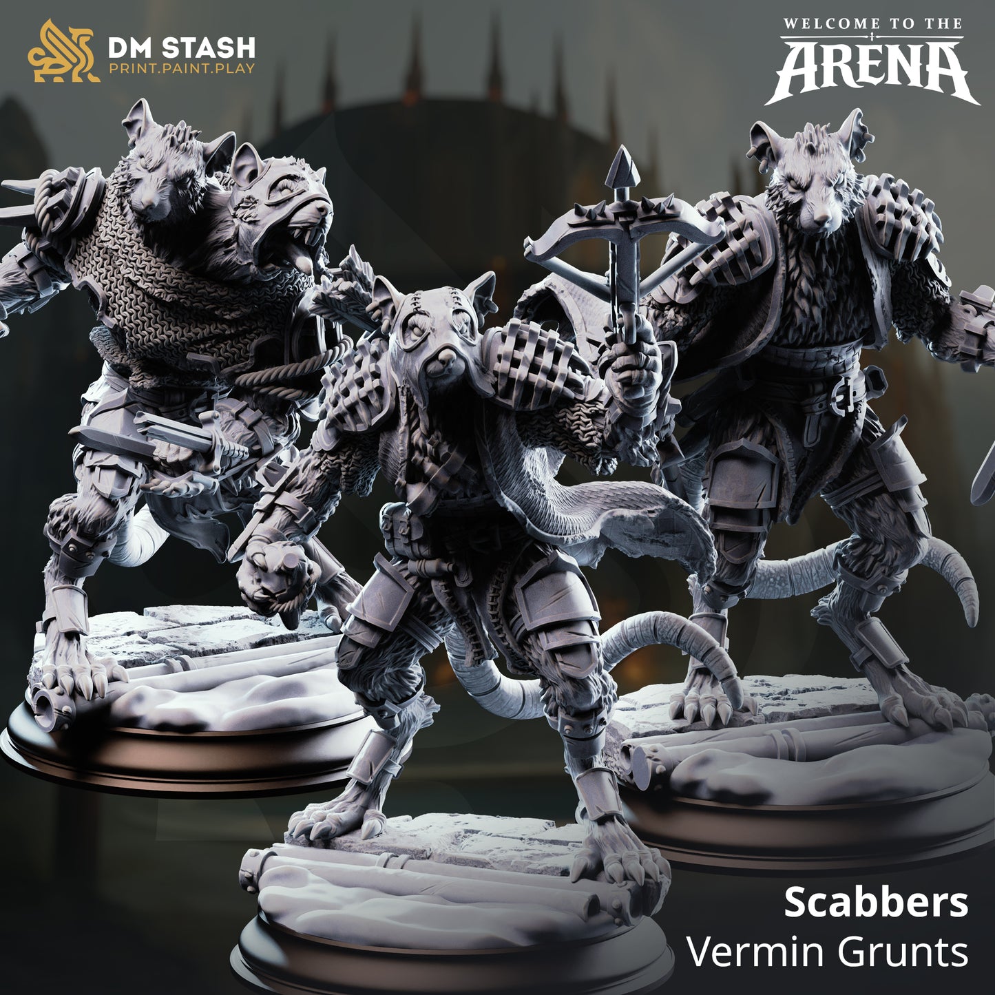 Scabbers Ratfolk Vermin Grunt resin miniatures by DM Stash: Berserker (left), Commando (middle), and Rogue (right) in 32mm and 75mm scales.