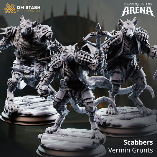 Scabbers Ratfolk Vermin Grunt resin miniatures by DM Stash: Berserker (left), Commando (middle), and Rogue (right) in 32mm and 75mm scales.