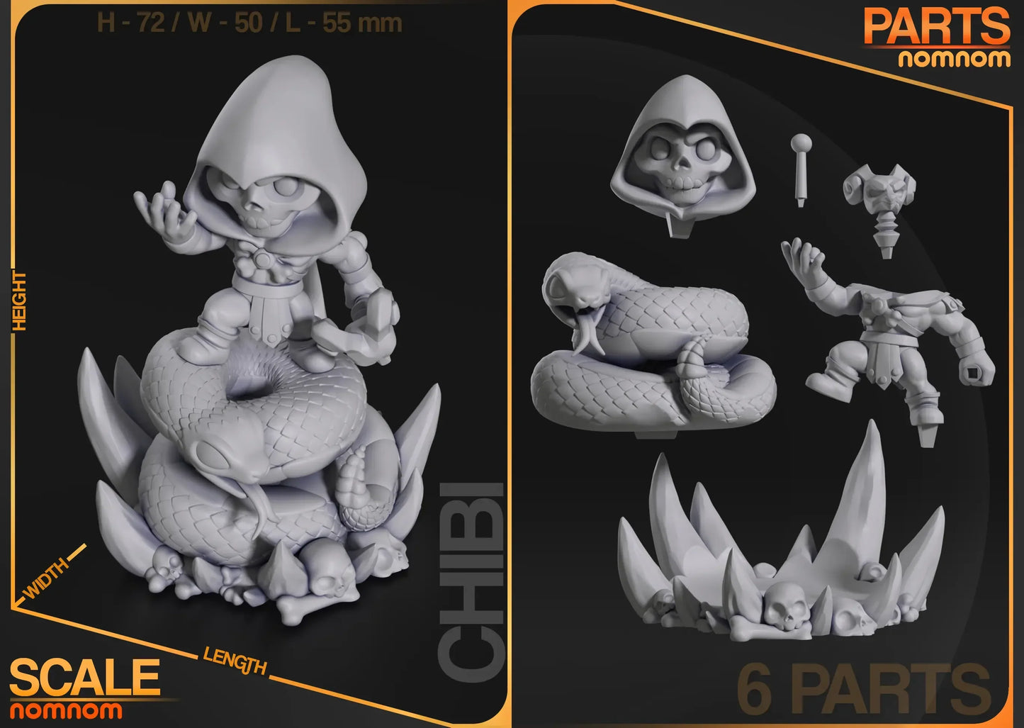 Scale parts diagram of Chibi Skeletor showing six separate pieces