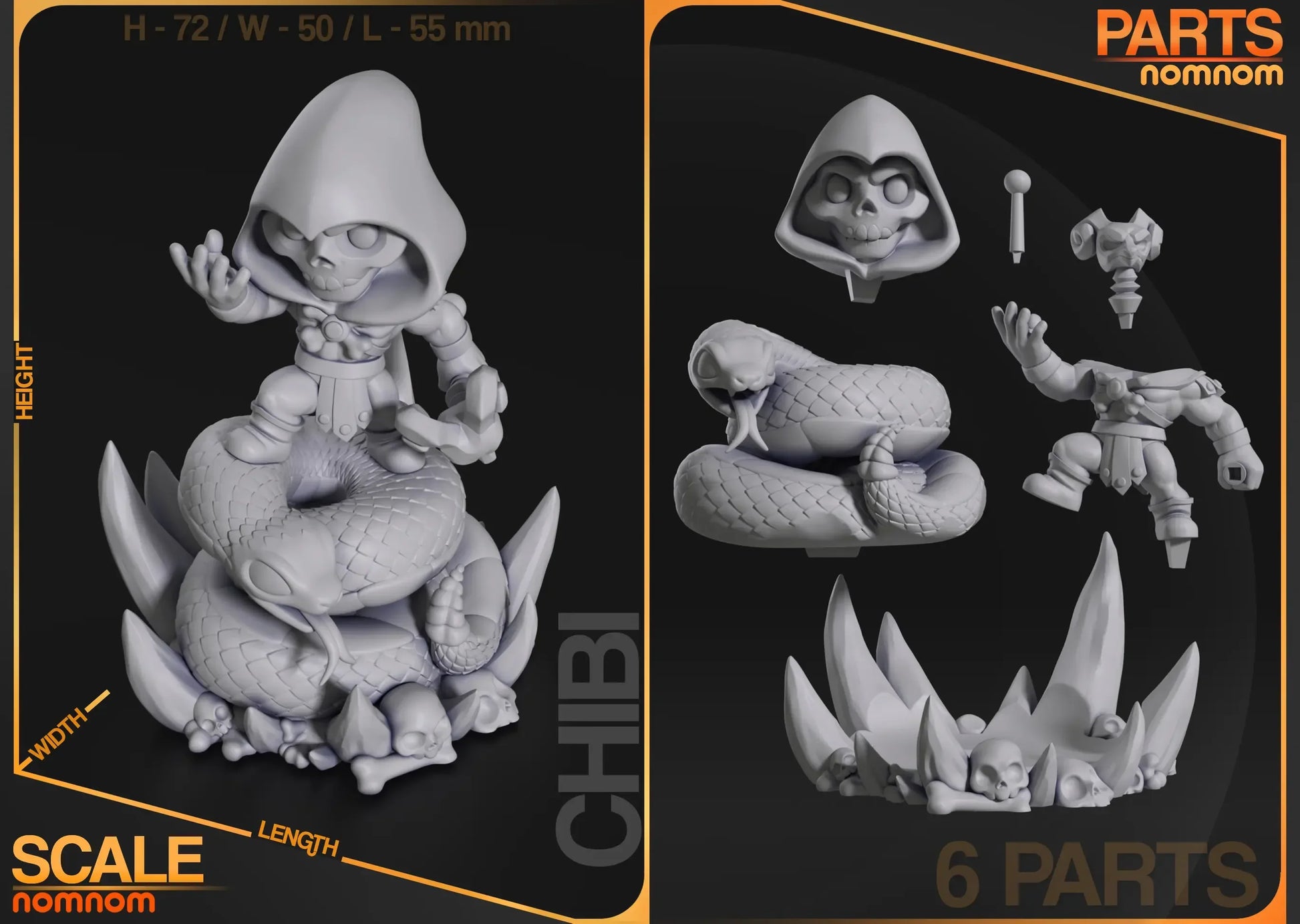 Scale parts diagram of Chibi Skeletor showing six separate pieces