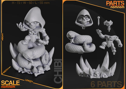 Scale parts diagram of Chibi Skeletor showing six separate pieces