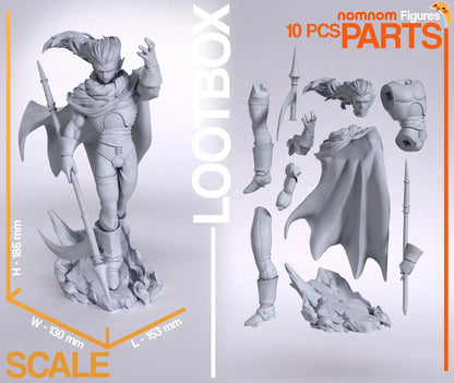 Scale measurements and exploded view showing 10 separate parts of Magus Chrono Trigger digital 3D model