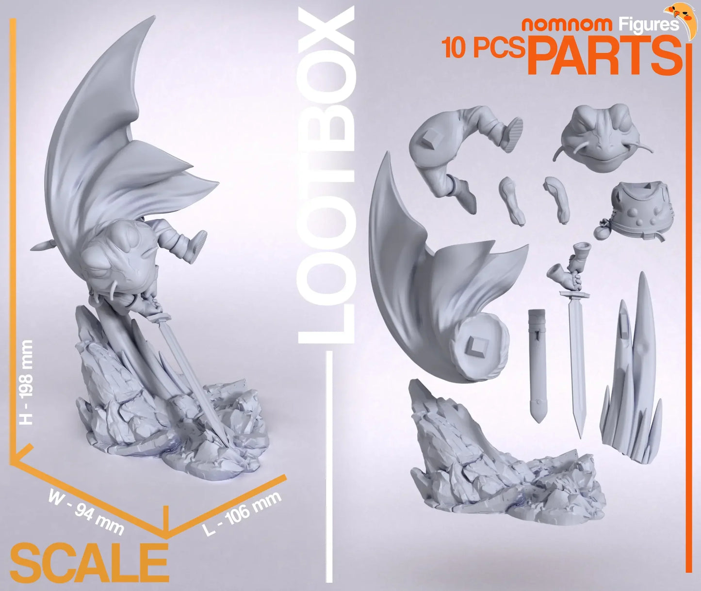 Frog Crono Trigger Scale and Parts — exploded parts and dimensions of Frog Crono Trigger figure showing 10 pieces