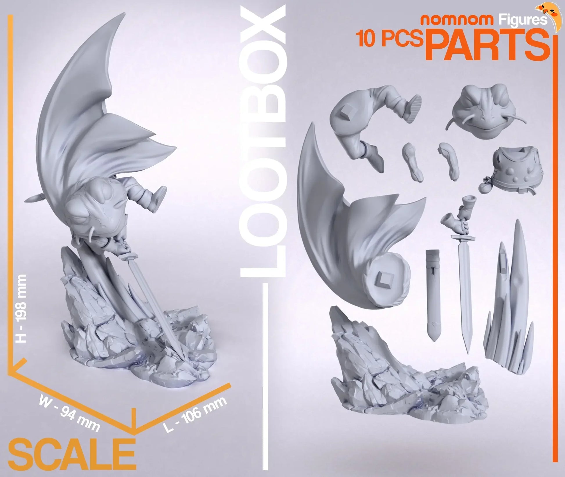Frog Crono Trigger Scale and Parts — exploded parts and dimensions of Frog Crono Trigger figure showing 10 pieces