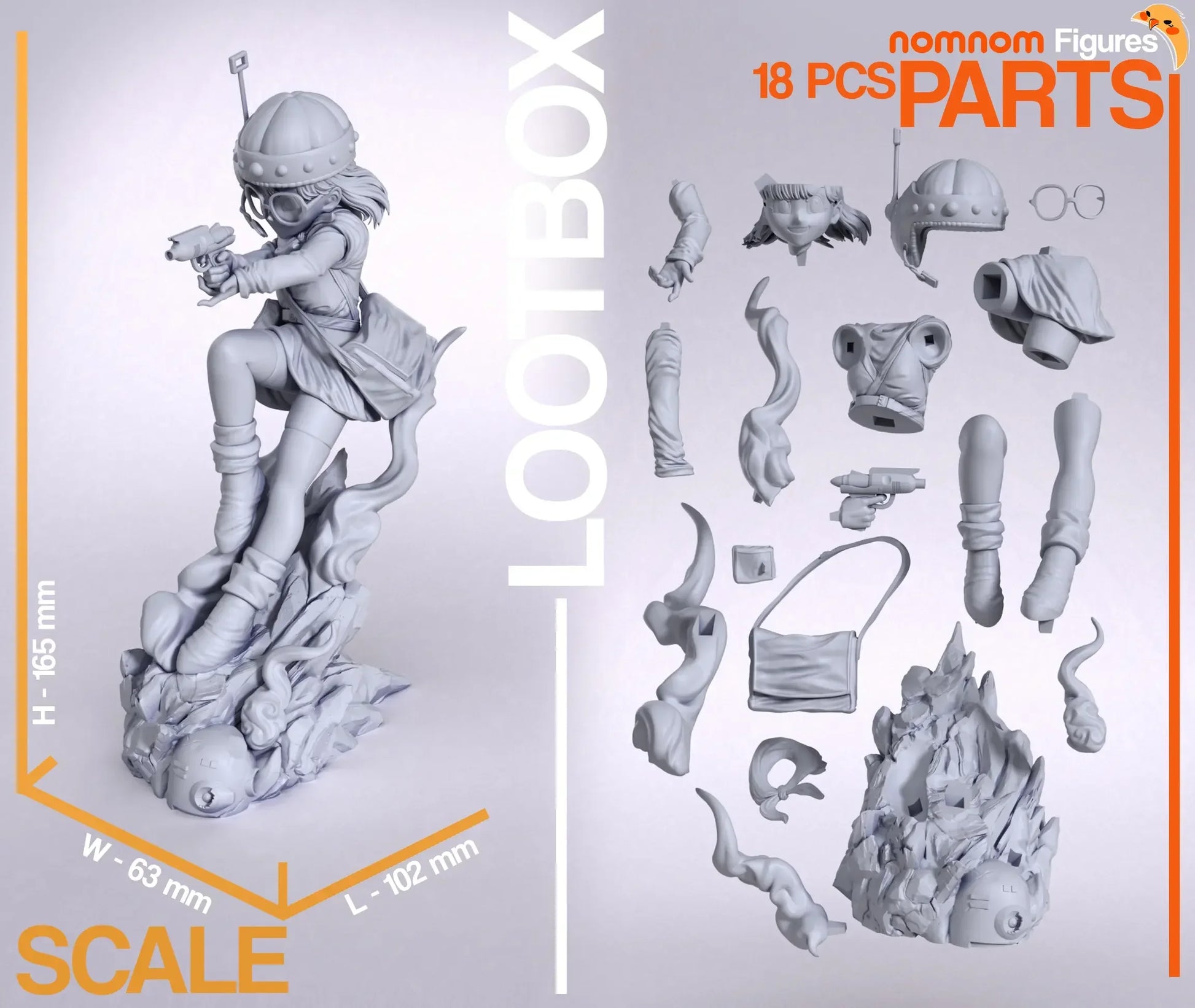 Lucca Chrono Trigger scale and parts diagram showing 18 pieces