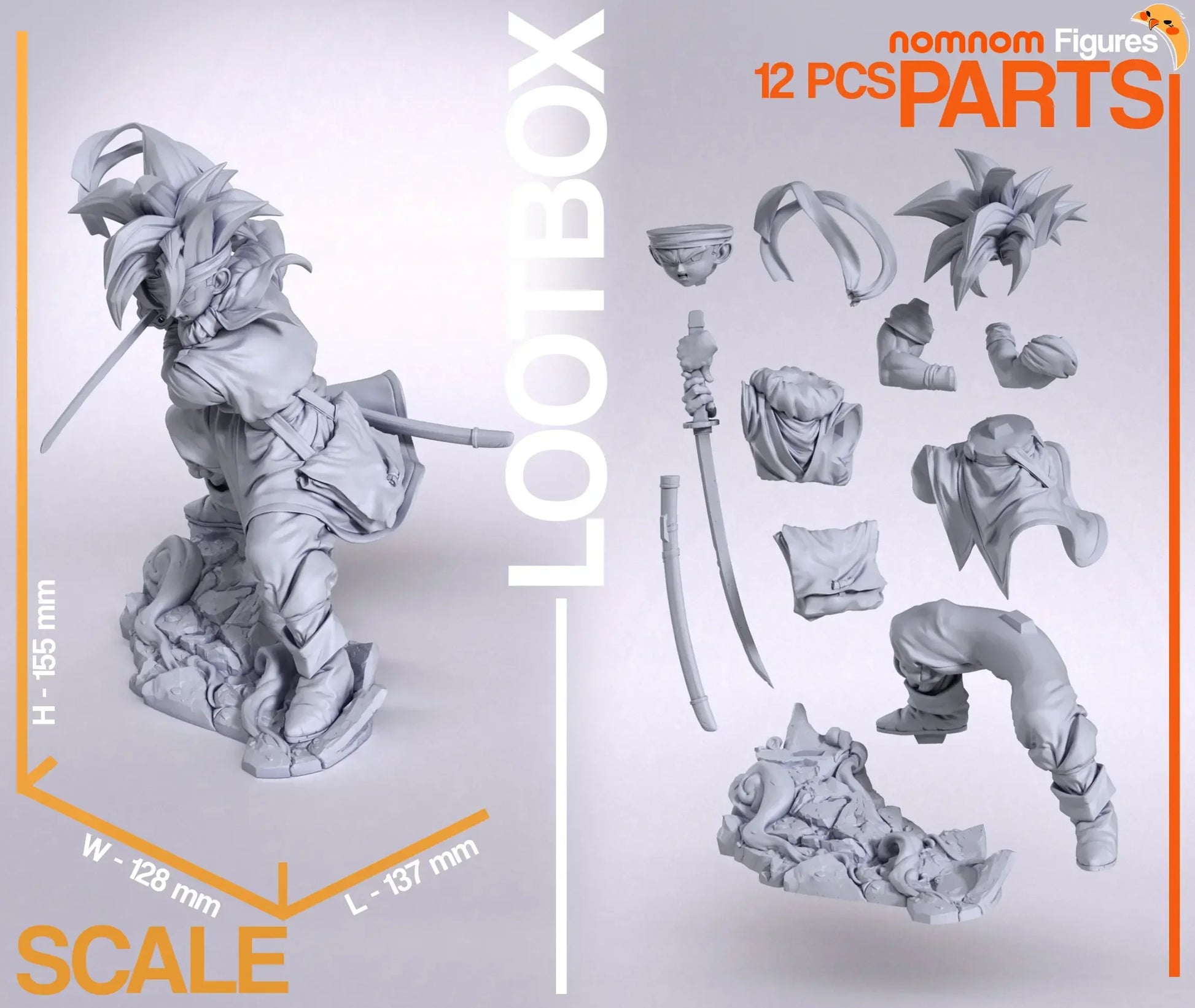 Crono Chrono Trigger 3D print scale image with height width length dimensions and parts breakdown