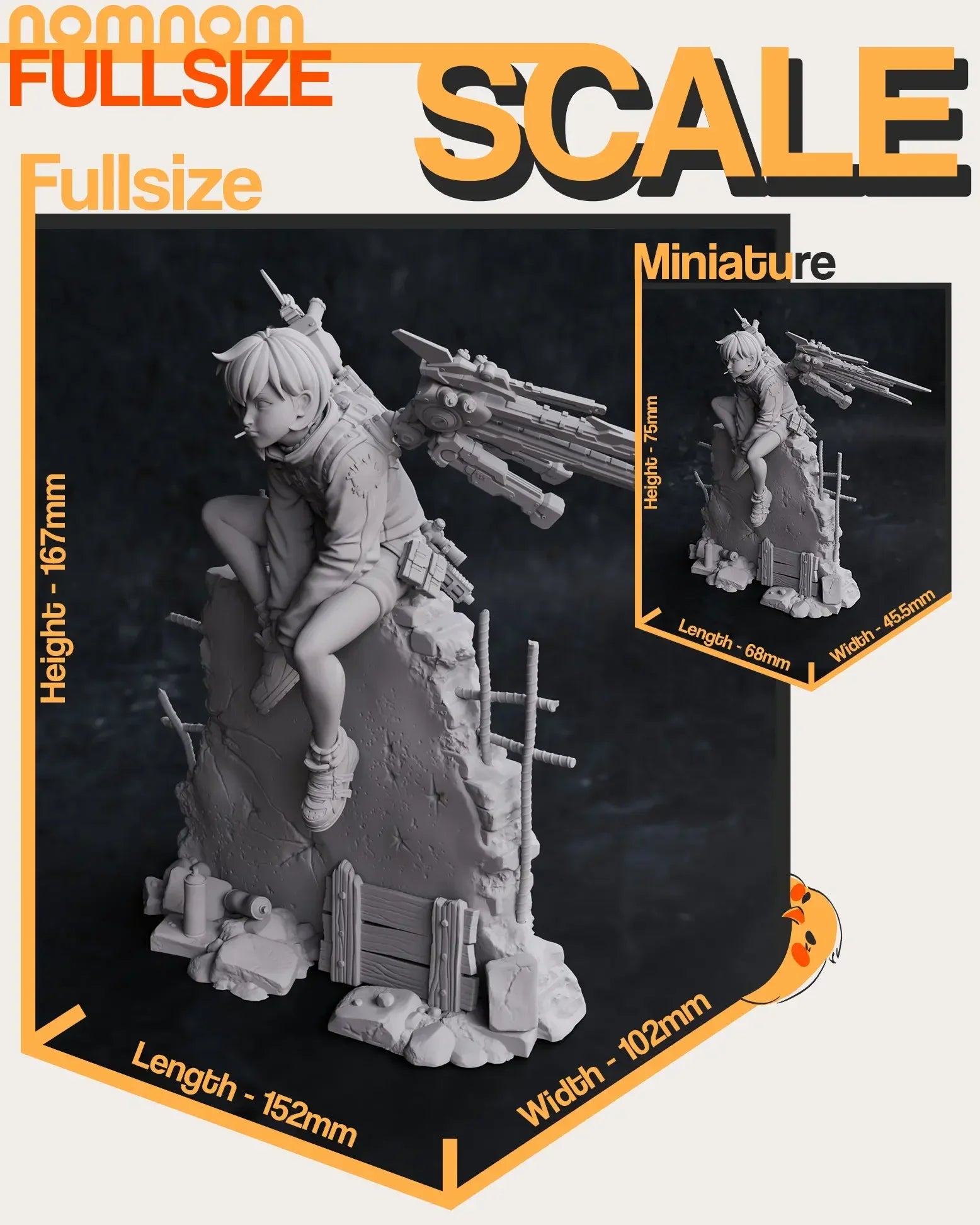 Size chart comparing full-size and miniature Valrie with height, width, and length.