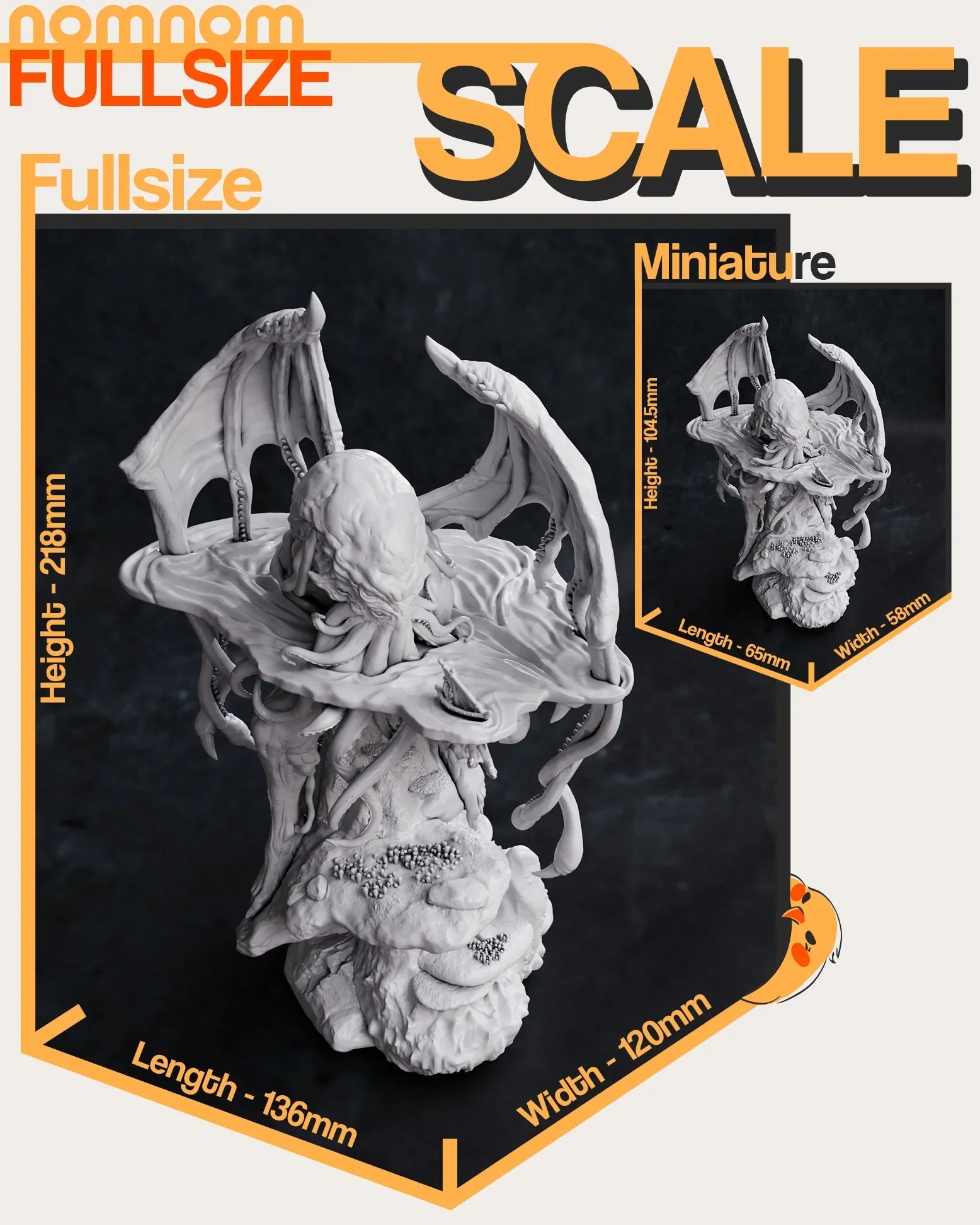 Cthulhu statue angled view showing tentacles and small boat with dimensions of both sizes