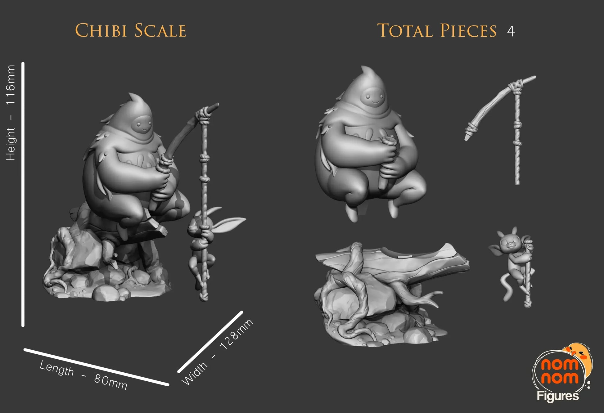 Disassembled Nom Nom Figures Chibi Scale Fishing Creature, 116mm, 4 pieces with 80mm length and 128mm width.