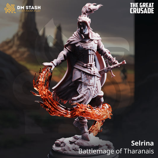 Selrina battlemage of Tharanais human resin miniature 32mm scale flame magic effect base included
