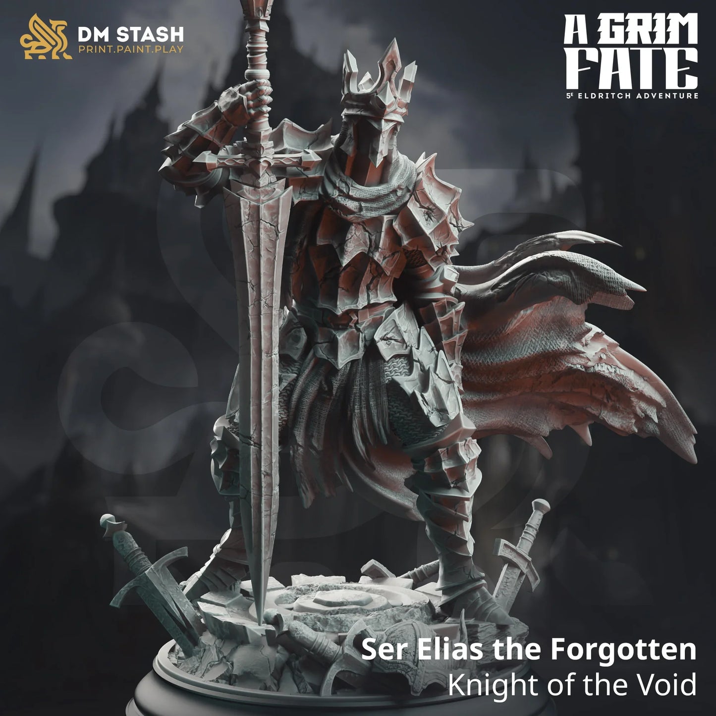 Void Knight miniature Ser Elias the Forgotten in jagged armor with greatsword on broken ruins base