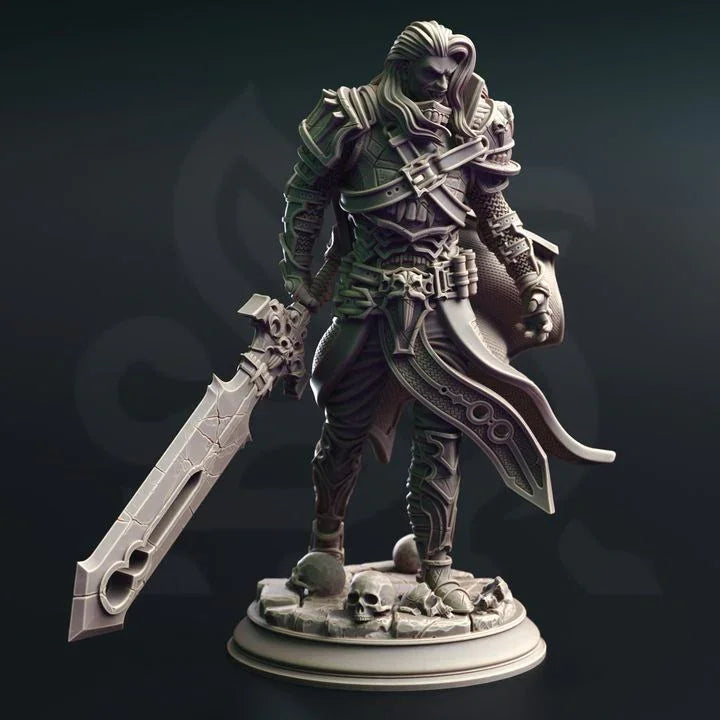 3D printed vampire knight miniature Ser Gaston with runed sword and gothic armor on scenic base
