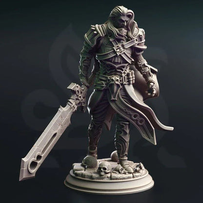 3D printed vampire knight miniature Ser Gaston with runed sword and gothic armor on scenic base