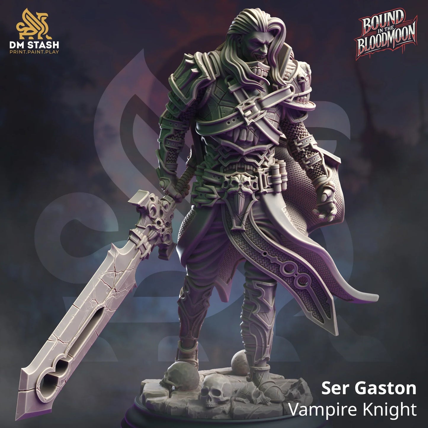 Ser Gaston vampire knight miniature by DM Stash with cursed sword and gothic armor from Bound in the Bloodmoon collection