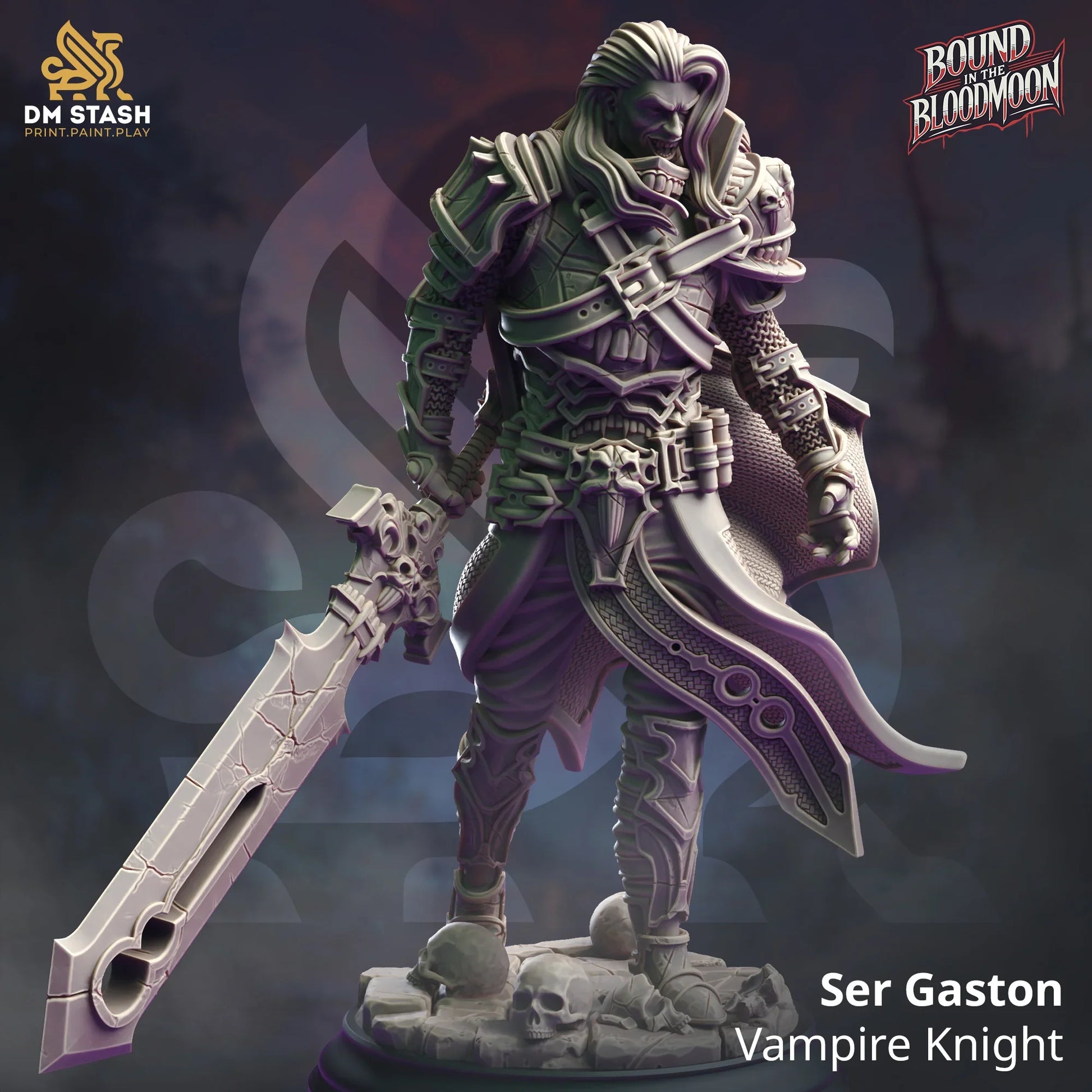 Ser Gaston vampire knight miniature by DM Stash with cursed sword and gothic armor from Bound in the Bloodmoon collection