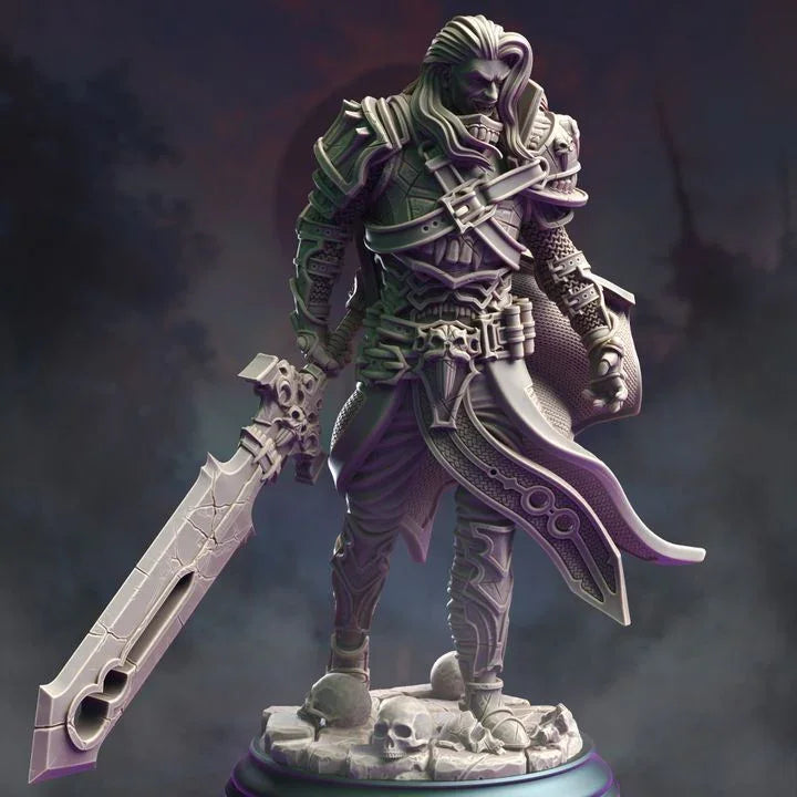 Ser Gaston vampire knight miniature with cursed greatsword and gothic armor on skull base