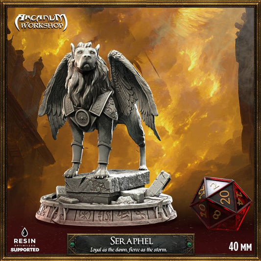 Resin miniature of Saraphel the Dog Guardian with wings, armor, and scenic base, shown in detailed fantasy sculpt