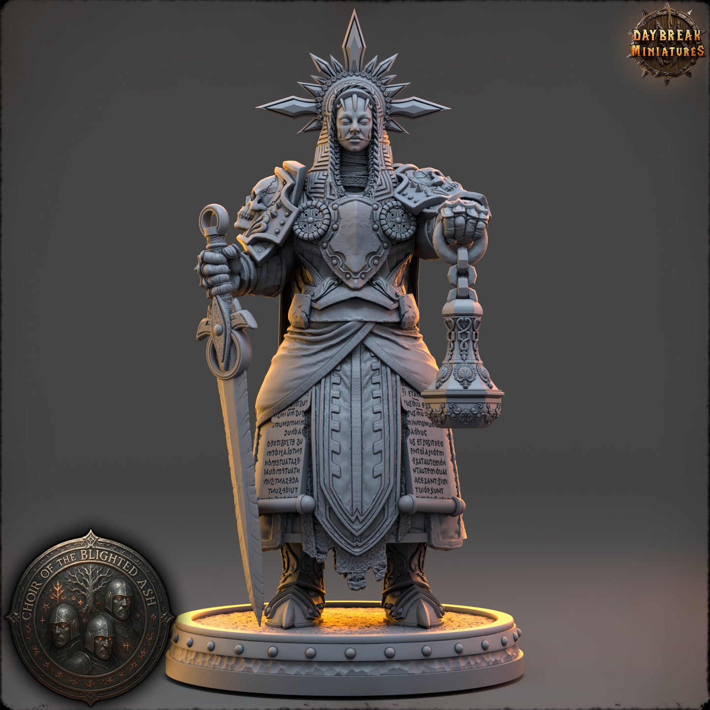 Seraphine Vale High Priestess of the Blighted Ash resin miniature by Daybreak Miniatures holding sword and censer with ornate armor | D&K Custom Prints