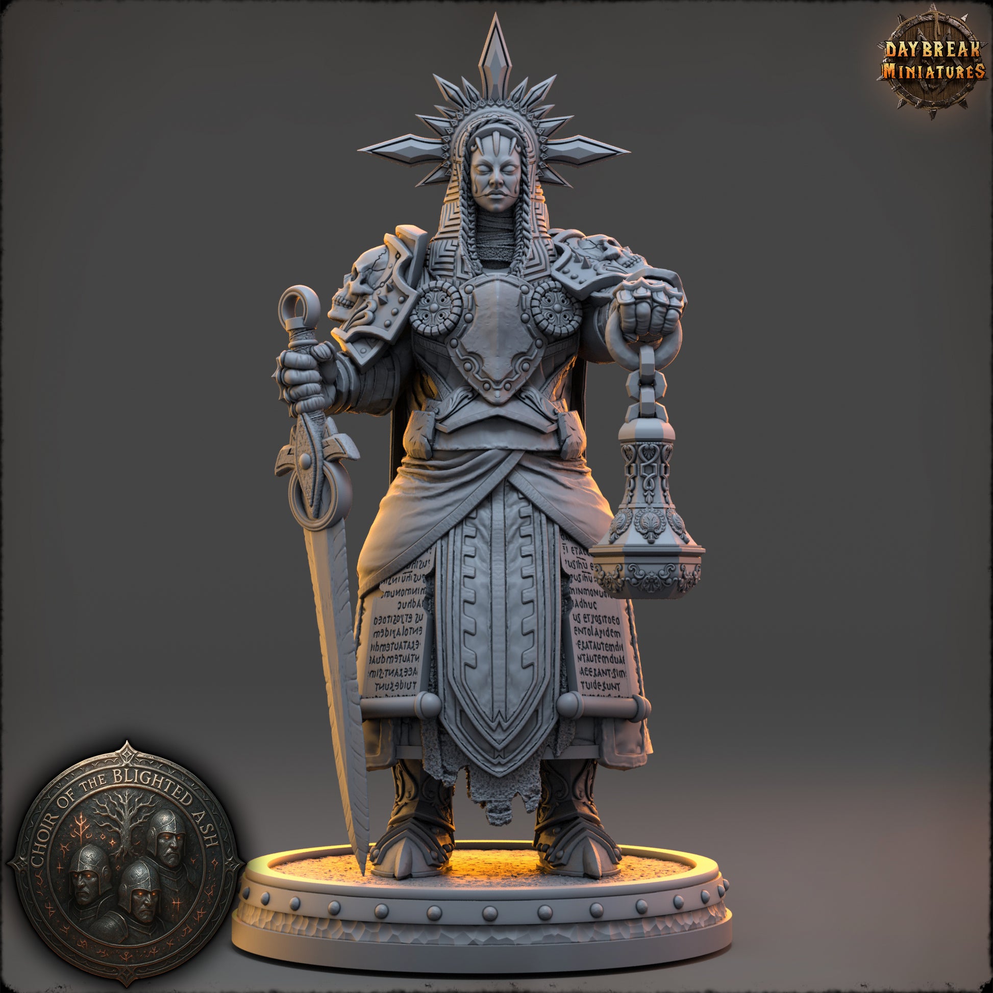 Seraphine Vale High Priestess of the Blighted Ash resin miniature by Daybreak Miniatures holding sword and censer with ornate armor | D&K Custom Prints