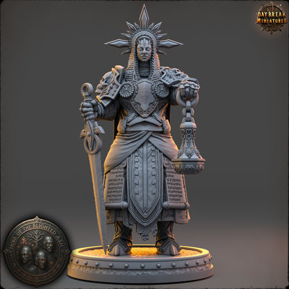Seraphine Vale High Priestess of the Blighted Ash resin miniature by Daybreak Miniatures holding sword and censer with ornate armor | D&K Custom Prints
