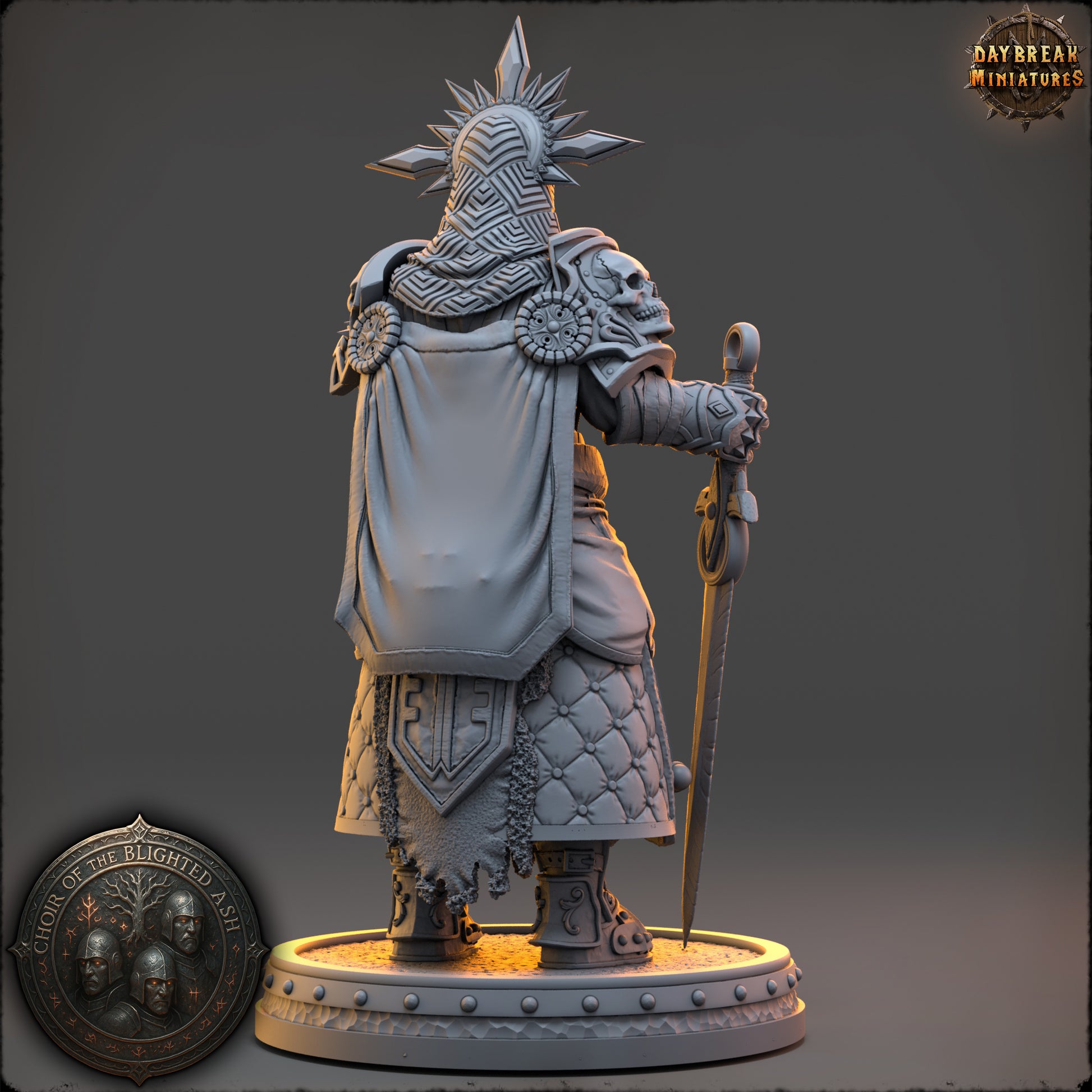 Seraphine Vale High Priestess of the Blighted Ash resin miniature by Daybreak Miniatures holding sword and censer with ornate armor | D&K Custom Prints