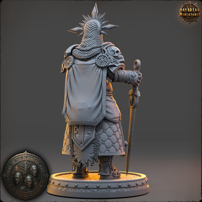 Seraphine Vale High Priestess of the Blighted Ash resin miniature by Daybreak Miniatures holding sword and censer with ornate armor | D&K Custom Prints