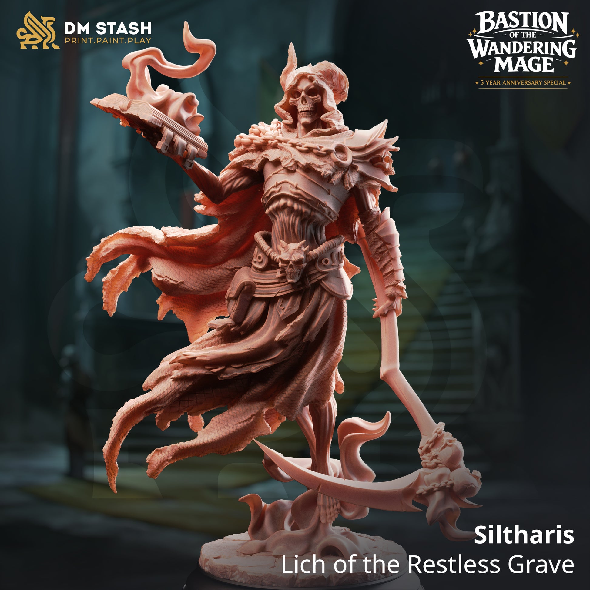 Siltharis Lich of the Restless Grave resin miniature by DM Stash with scythe and spellbook on a cavern base, printed by D&K Custom Prints.