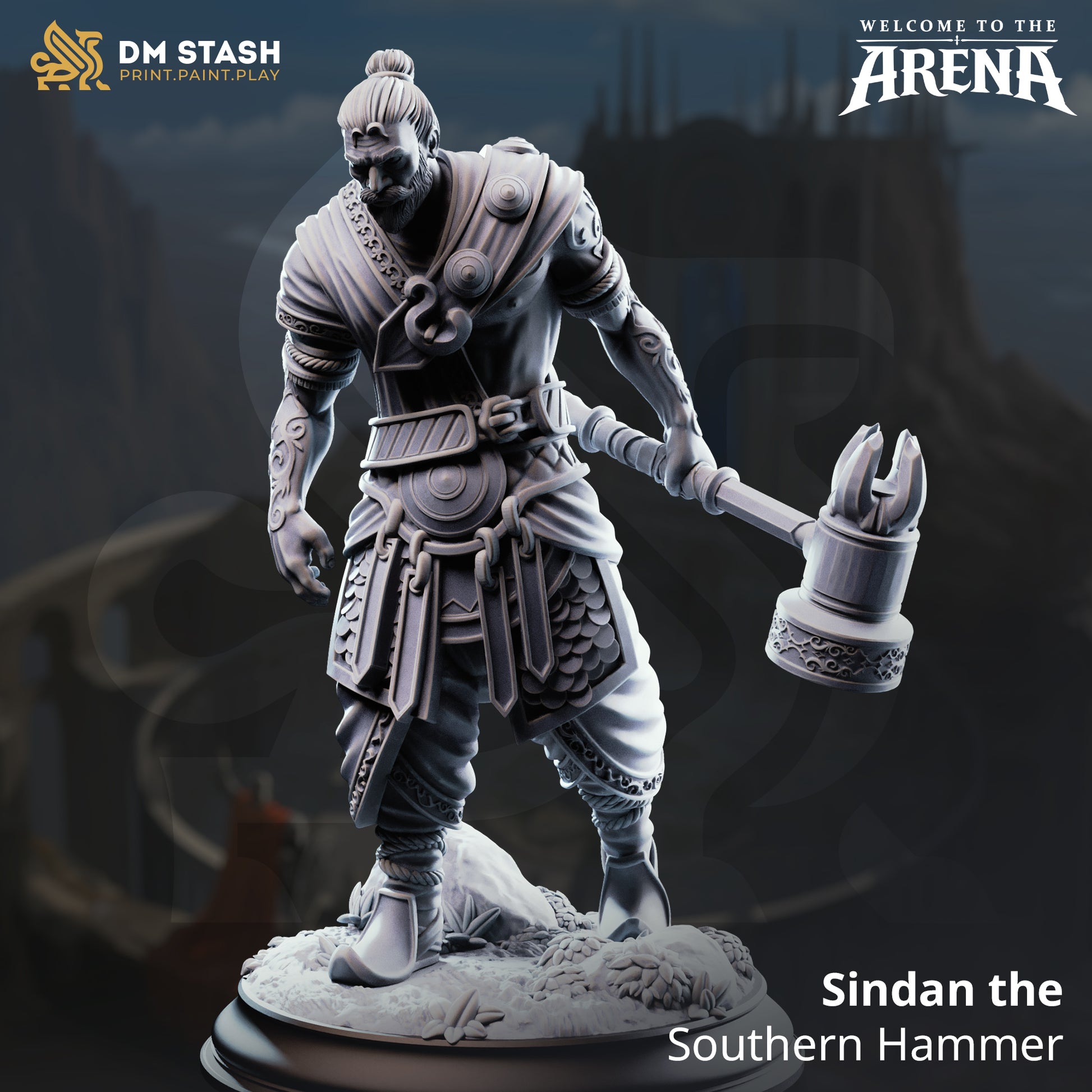 Sindan the Southern Hammer, a male human monk resin miniature by DM Stash, wielding a large ornate warhammer on a 32mm or 75mm scale scenic base.