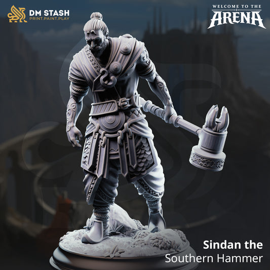 Sindan the Southern Hammer, a male human monk resin miniature by DM Stash, wielding a large ornate warhammer on a 32mm or 75mm scale scenic base.