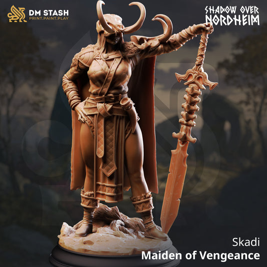 Skadi Maiden of Vengeance resin miniature featuring a northern warrior woman wielding a massive blade, available in 32mm and 75mm scales from D&K Custom Prints.