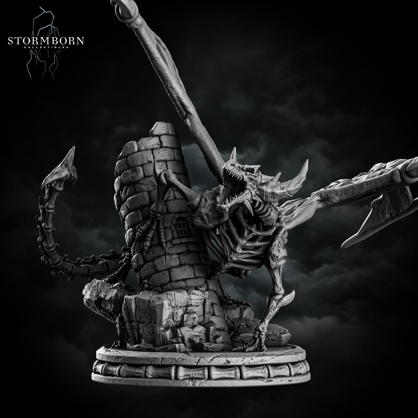 Skeletal Dragon resin miniature by Stormborn Collectibles – undead dragon figure with bone wings and ruined tower base, printed by D&K Custom Prints