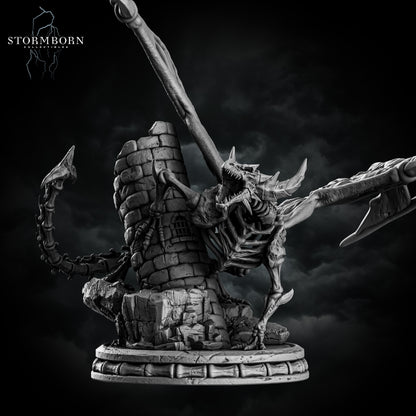 Skeletal Dragon resin miniature by Stormborn Collectibles – undead dragon figure with bone wings and ruined tower base, printed by D&K Custom Prints