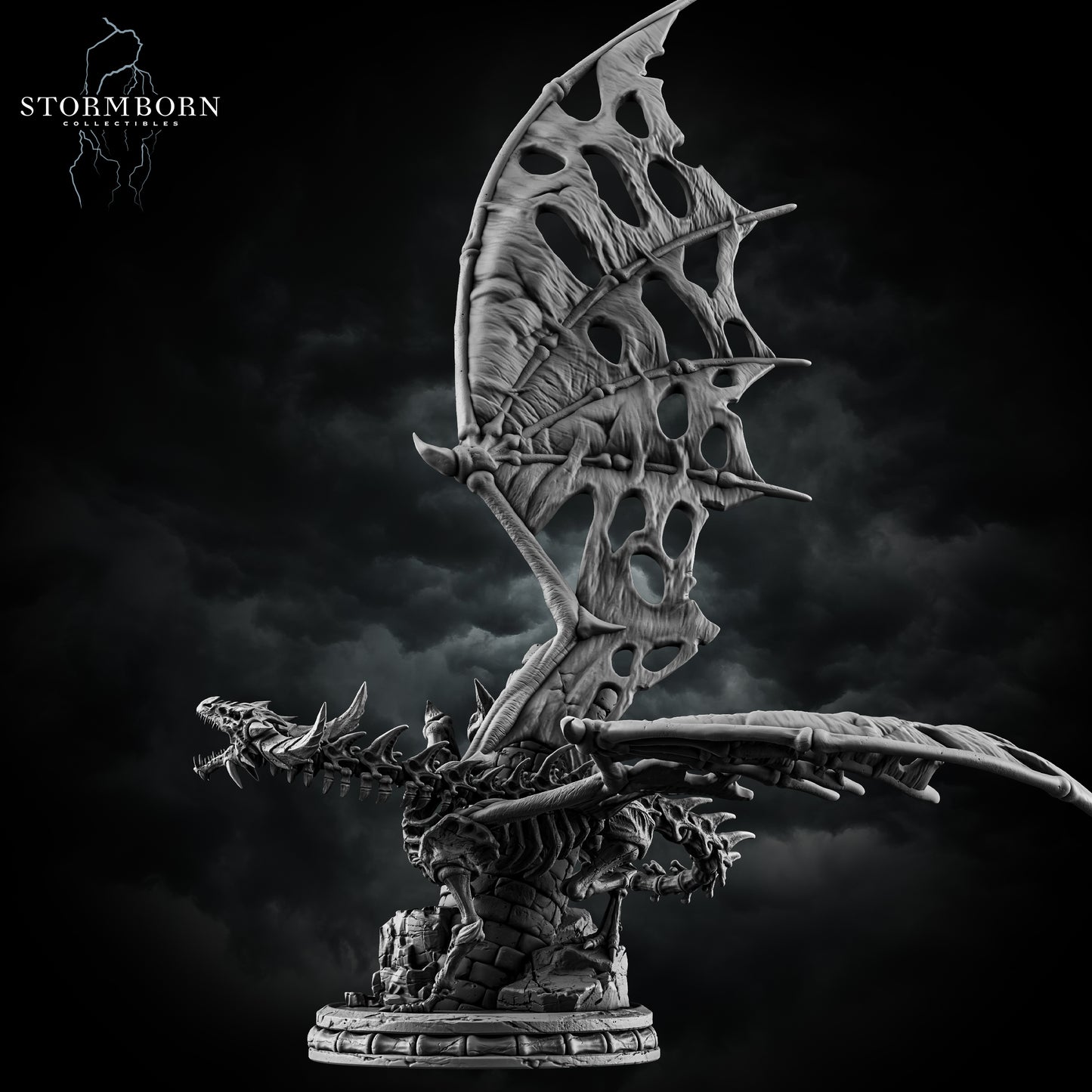 Skeletal Dragon resin miniature by Stormborn Collectibles – undead dragon figure with bone wings and ruined tower base, printed by D&K Custom Prints