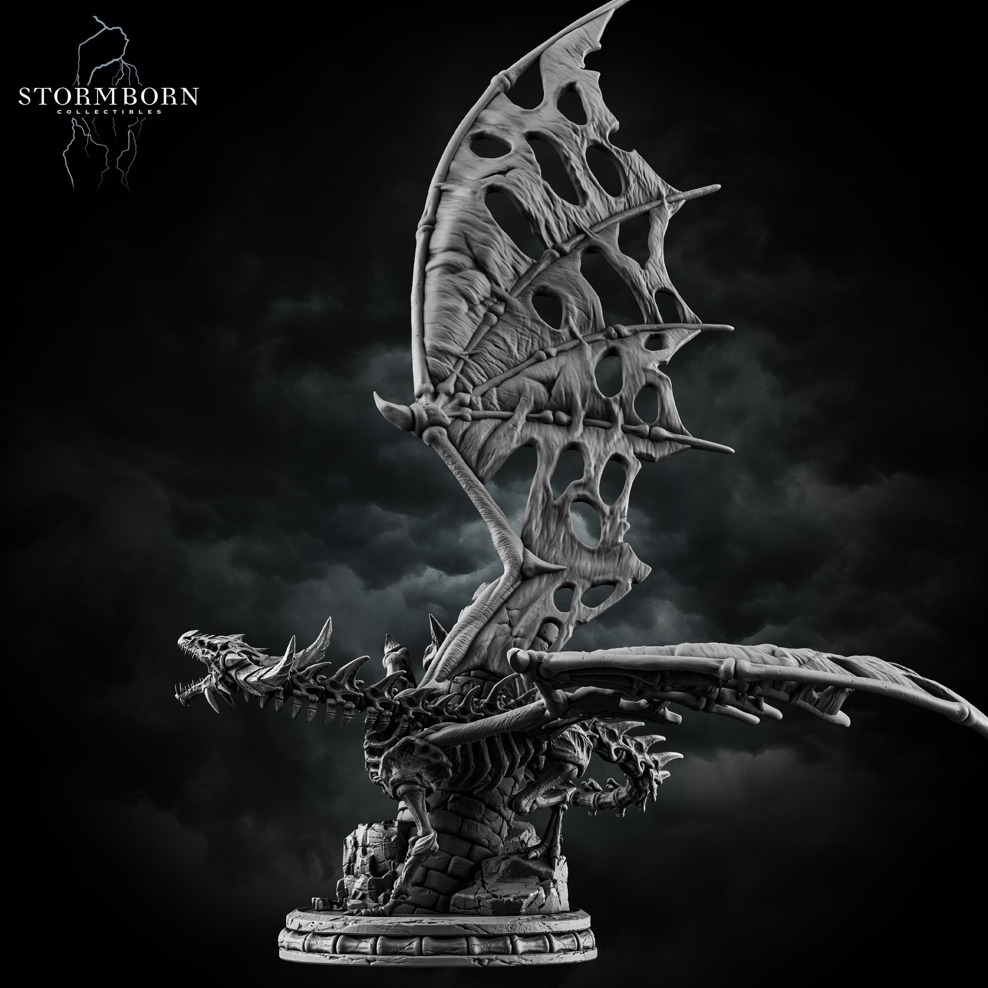Skeletal Dragon resin miniature by Stormborn Collectibles – undead dragon figure with bone wings and ruined tower base, printed by D&K Custom Prints