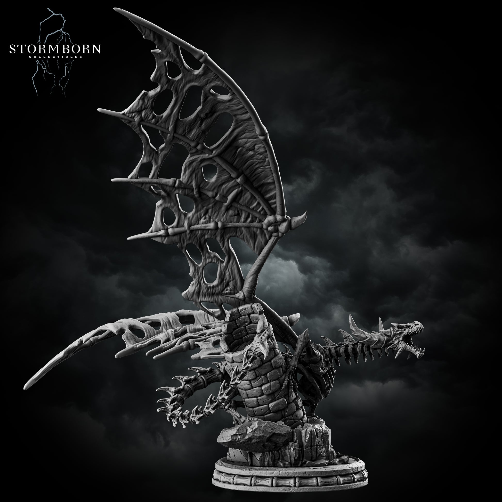 Skeletal Dragon resin miniature by Stormborn Collectibles – undead dragon figure with bone wings and ruined tower base, printed by D&K Custom Prints